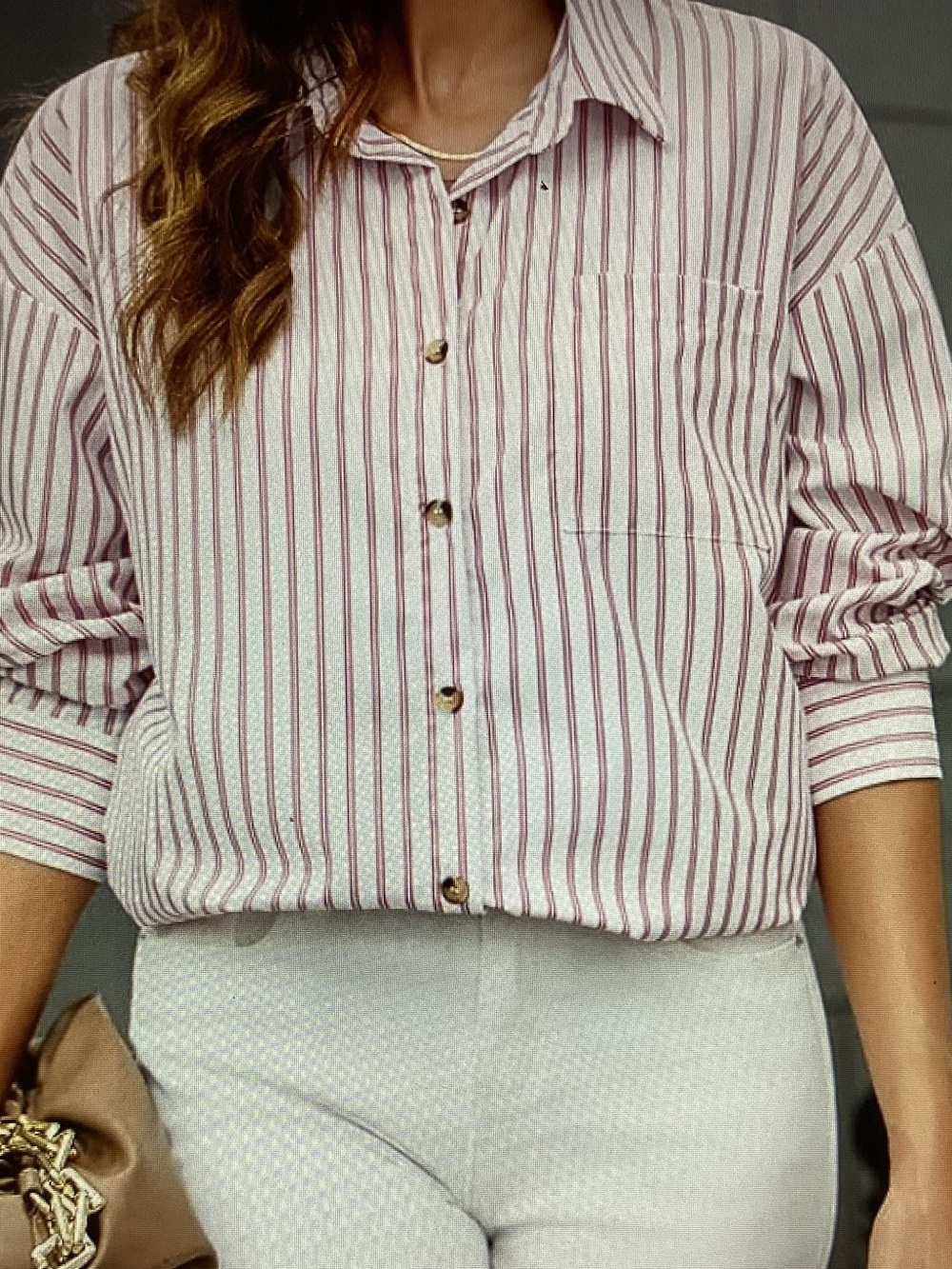 Hotouch Striped Pink XL Button-Front Women's Boyfriend Loose Shirt